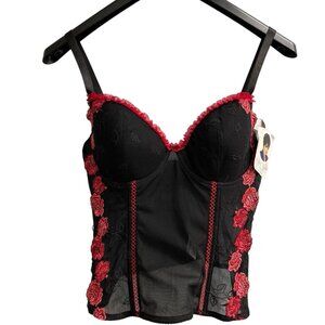 Vintage Delta Burke Corset Women 1X Black Mesh Red Rose Embroidered Y2K Festival